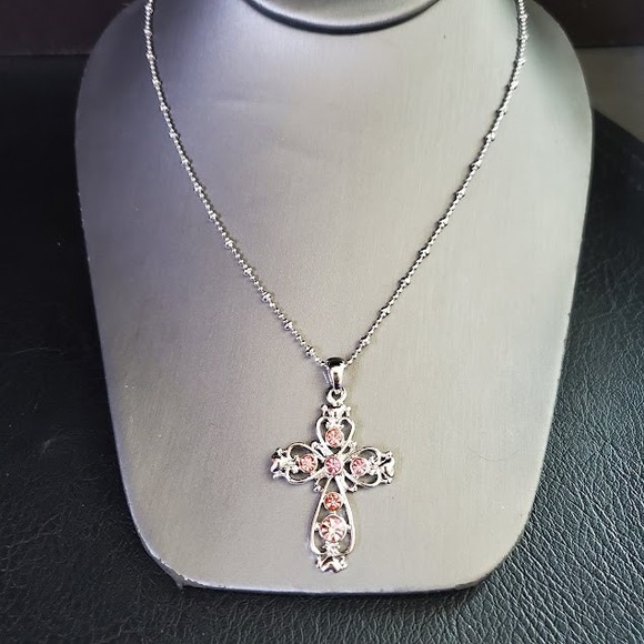 Cookie Lee Jewelry - Cookie Lee Pink Rhinestone Filigree Cross Pendant Necklace Filigree Y2K Gothic